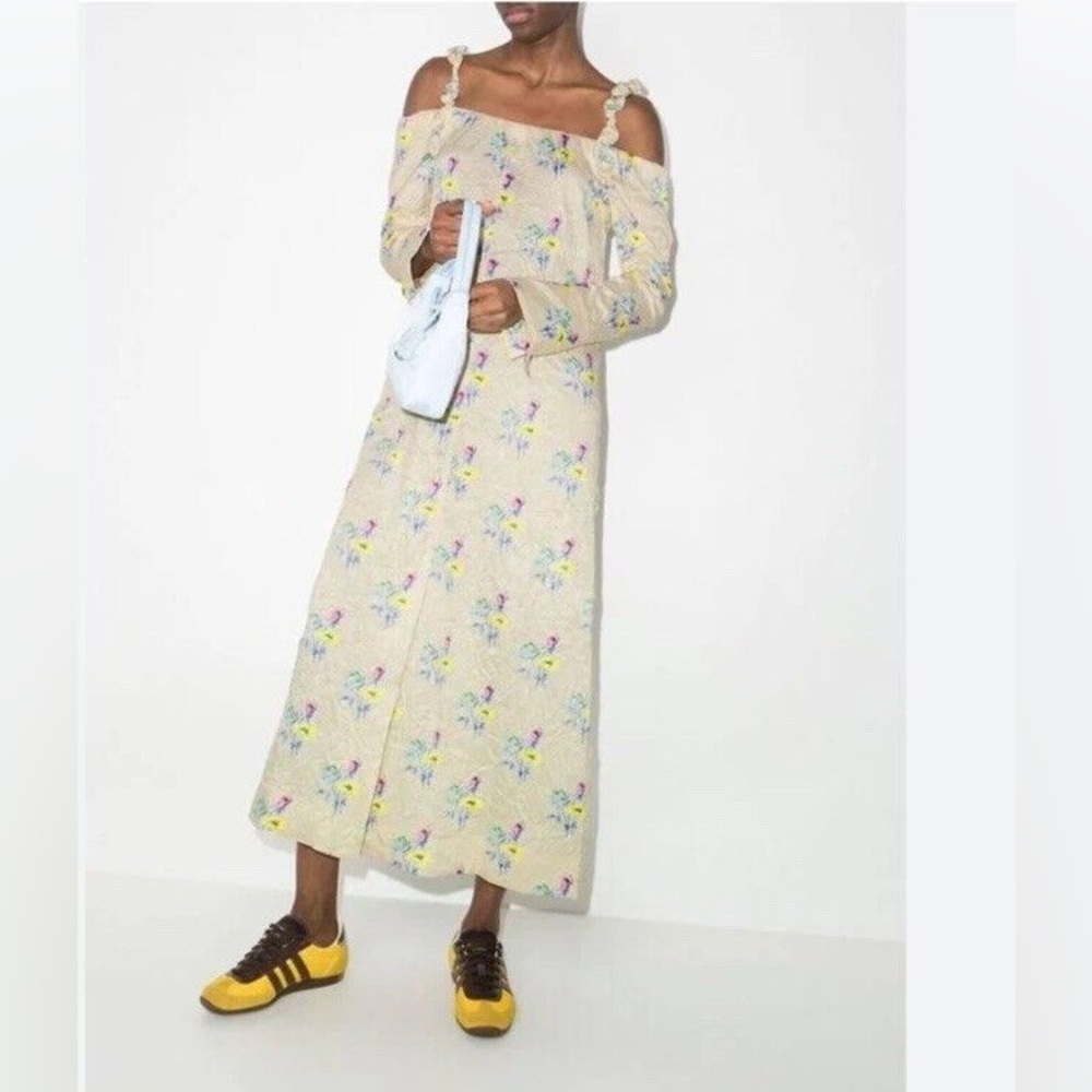 NWT GANNI - Ganni Floral Off the Shoulder Long Sleeve Crinkled Satin Maxi Dress - Picture 7 of 9